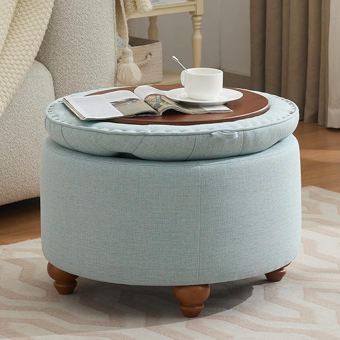 24Inch Round Storage Ottoman with Tray, Modern Tufted Fabric Circle Coffee Table with Storage, Upholstered Ottoman with Removable Top for Living Room, Bedroom, Light Blue