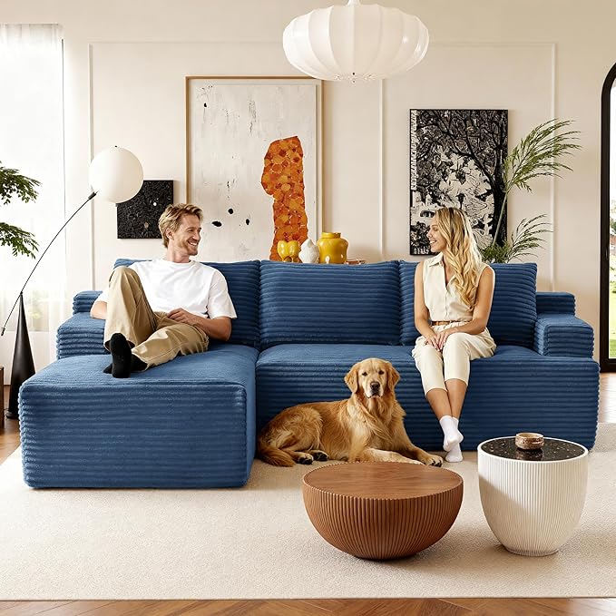 96''Sectional Couches for Living Room,Modern Modular Sectional Sofa,Upholstered Boneless Couch with Pockets,Comfy Cloud Couch with L Shaped Chaise (Blue, 96''W Left Facing Chaise)