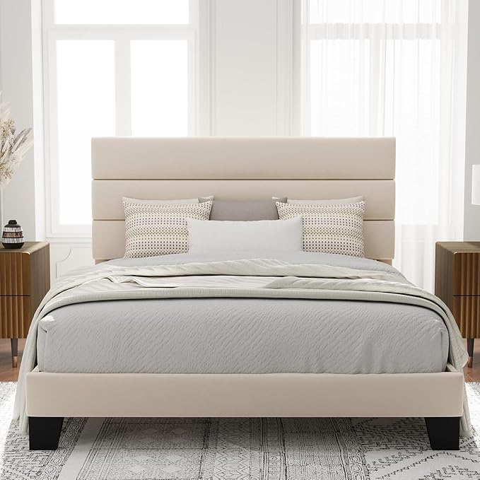 Allewie Full Size Platform Bed Frame with Velvet Upholstered Headboard and Wooden Slats Support, Fully Upholstered Mattress Foundation/No Box Spring Needed/Easy Assembly, Cream