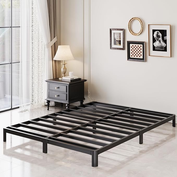 7 Inch Low Profile Full Size Bed Frame with Rounded Corner Legs, 2000 LBS Heavy Duty Metal Full Platform Bed Frame No Box Spring Needed, Easy Assembly, Black