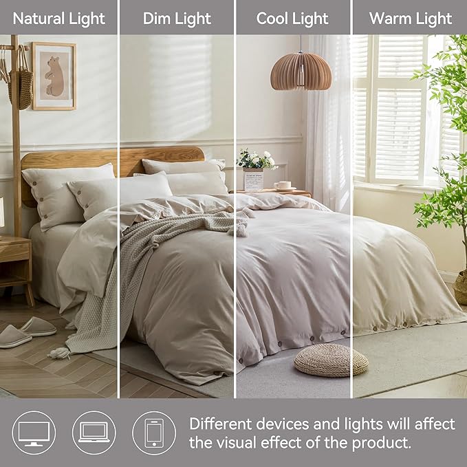 JELLYMONI Cotton Duvet Cover King Size - Light Khaki Comforter Cover with Button 3PCS Breathable Soft Solid Bedding Set 104×90in & 2 Pillowcases (NO Insert)