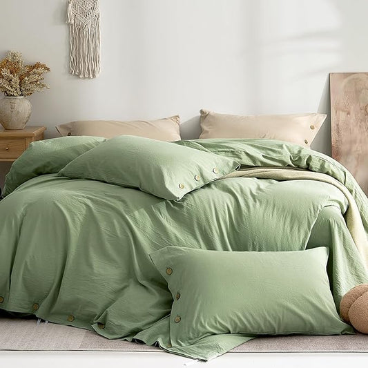 JELLYMONI 100% Washed Cotton Standard Pillowcases Set, 2 Pack Linen-Like Texture Breathable Pillow Covers with Button Closure,Mint Green Standard 20"×26"(Pillows are not Included)