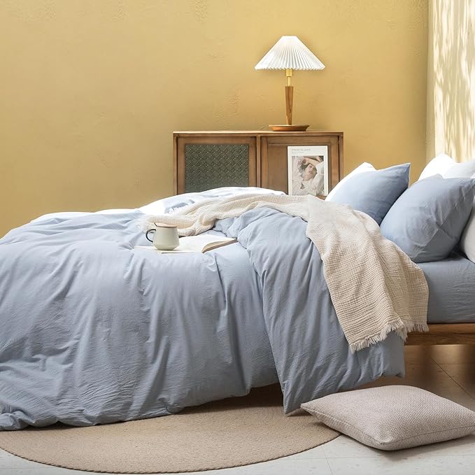 FOSSA Duvet Cover Set 100% Washed Cotton Linen Feel Super Soft Breathable Cozy 3 Pieces Bedding Sets Solid Cornflower Blue California King
