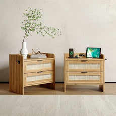 Rattan Nightstand Set of 2, Bedside Table with Type-C Charging Station - 2 Storage Drawer Space, Boho End Table Side Table for Bedroom Office, Large Night Stand with Charging Port