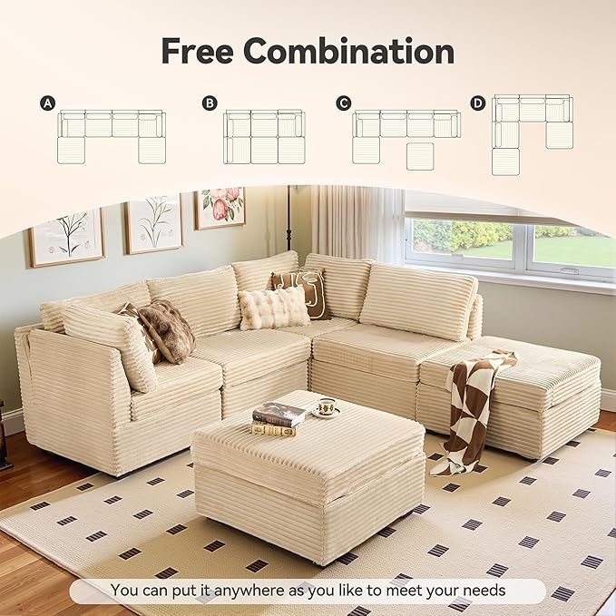 Large 6 Seat Modular Sectional Sofa with Ottoman Seat Corduroy Sleeper Sectional Sofa Bed Oversized Convertible Modular Couch for Living Room