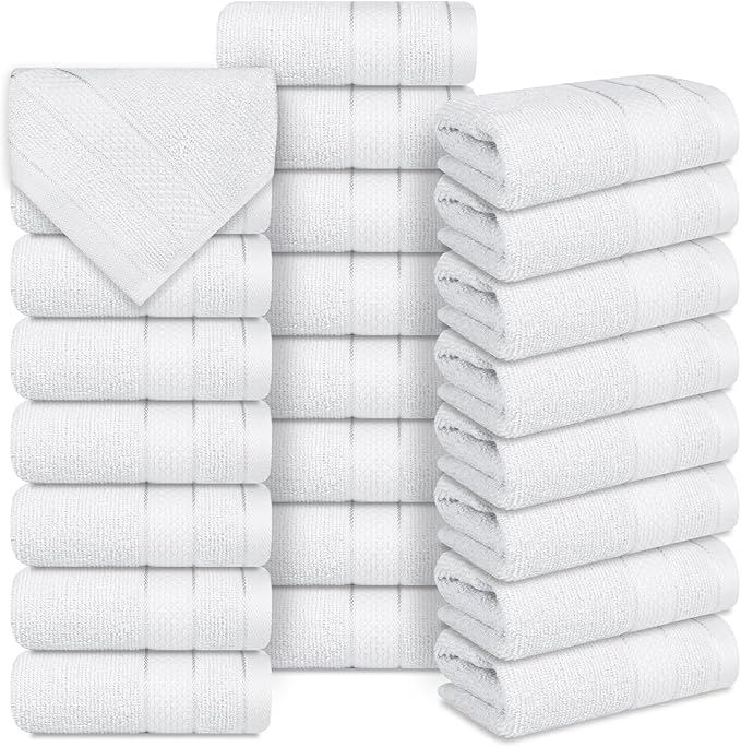 Casa Lino Face Towels & Body Wash Cloths for Showering - 100% Cotton Wash Cloths for Bathroom - Highly Absorbent & Quick Drying Washcloth Set - Cotton Washcloths 24 Pack (12" x 12") - (White)