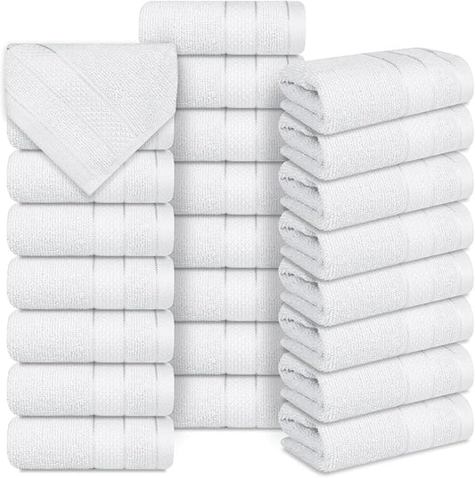 Casa Lino Face Towels & Body Wash Cloths for Showering - 100% Cotton Wash Cloths for Bathroom - Highly Absorbent & Quick Drying Washcloth Set - Cotton Washcloths 24 Pack (12" x 12") - (White)