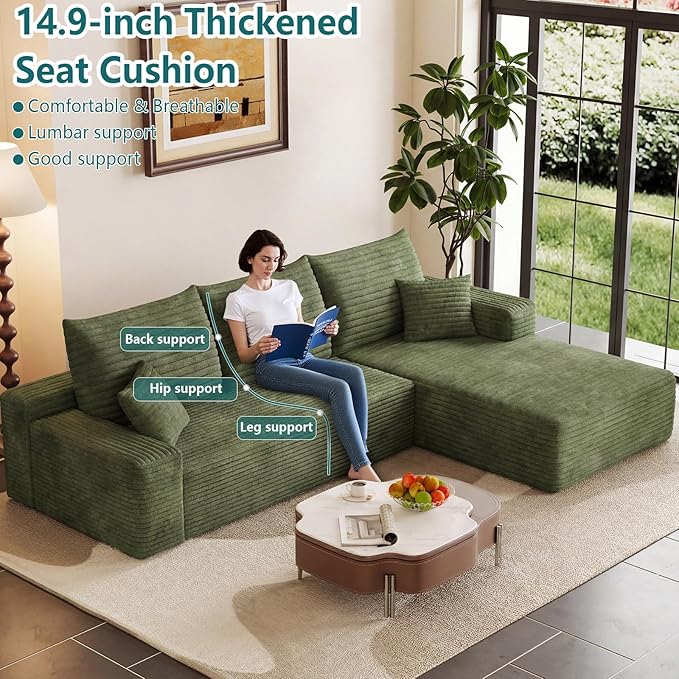95" Modular Sectional Couch, Boneless L Shaped Cloud Sofa with Chaise Lounge, Corduroy Upholstered Couches Memory Foam Deep Seat, No Assembly Required, Ideal for Living Room(Green, Right Facing)