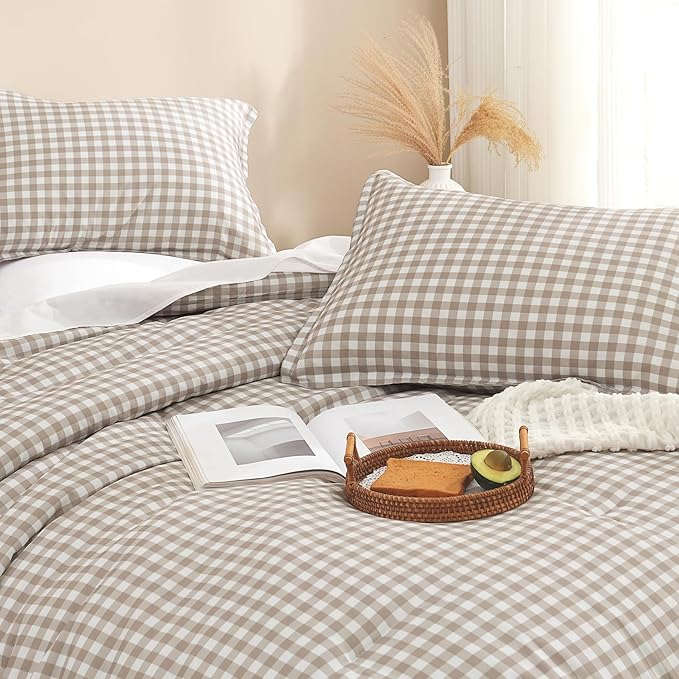 Andency Tan Gingham Comforter Set Queen(90x90Inch), Brown Checkered Grid Plaid Buffalo Bed Set for Girls Boys Kids Teens, 3 Pieces Lightweight Microfiber Geometric Preppy Bedding