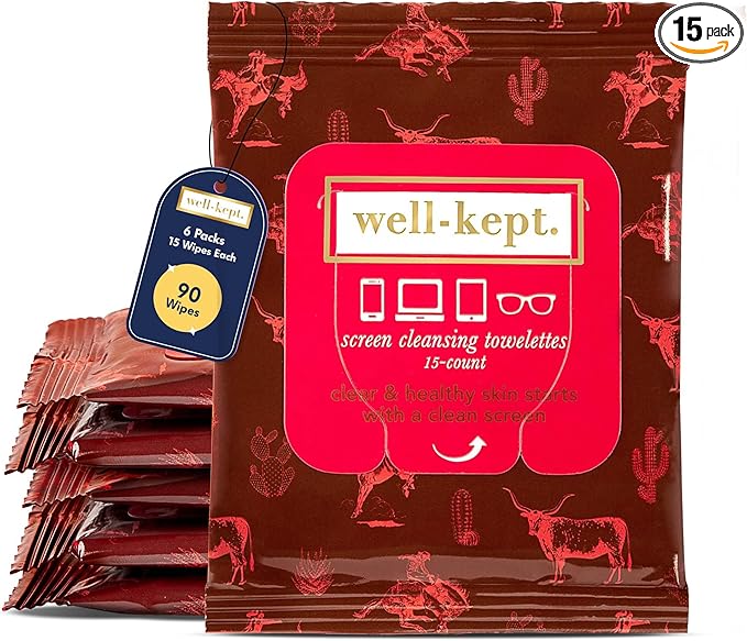 Well-Kept Tech & Lens Wipes - Eyeglass, Screen & Phone Cleaning, Multi-Surface, Lint-Free, Pre Moistened, Streak-Free & Non Scratching - Texas Hold Em, 6 Pack (90 Count)
