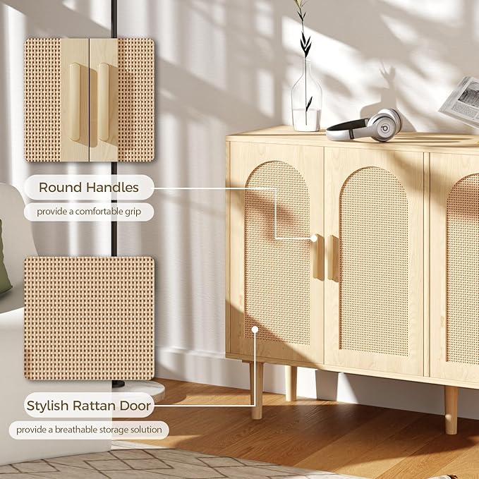 FONTOI Sideboard Cabinet with Rattan Doors, 4 Door Credenza Buffet Cabinet with Storage, Modern Large Kitchen Accent Cabinets for Entryway Living Room & Dining Room, Natural