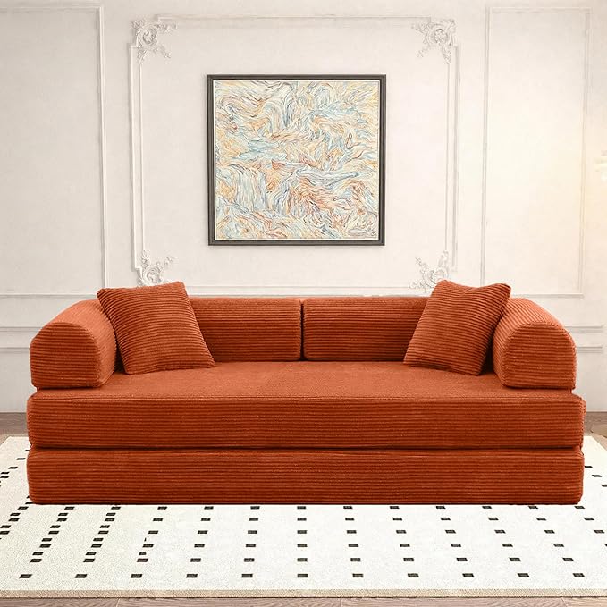 Convertible Sleeper Sofa Bed, Corduroy Floor Couch with Fixed-Shape Frame, Comfy Modular Floor Sofa with Pull Out Bed, Loveseat Sleeper Boneless Couch for Living Room, Orange