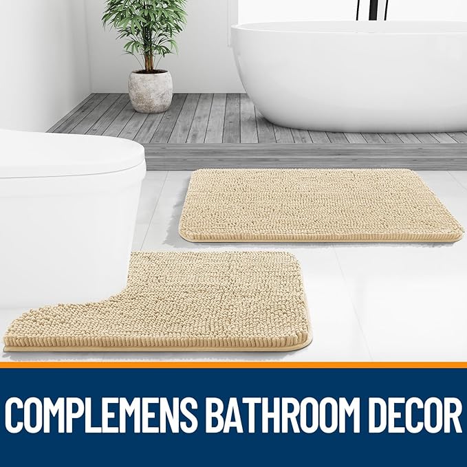 OLANLY Toilet Rugs U-Shaped 24x24, Extra Soft Absorbent Chenille Contour Bathroom Rugs for Toilet, Dry Quickly, Machine Washable, Non-Slip Bath Mat, Beige
