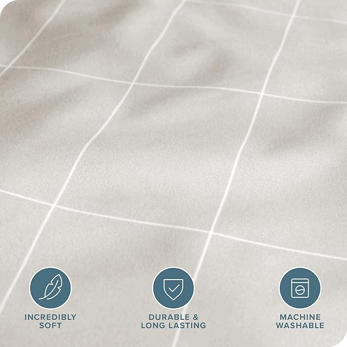 Bare Home Bedding Duvet Cover Extra Long - Premium 1800 Super Soft Collection - Lightweight, Duvet Cover - Soft Textured (Twin/Twin XL, Grid - Stone/White)