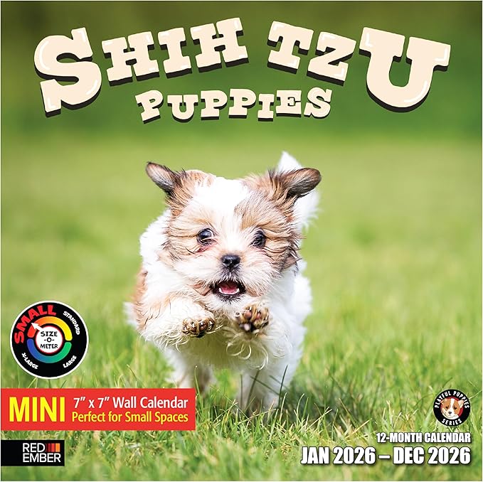 RED EMBER Shih Tzu Puppies 2026 Mini Wall Calendar 12 Month | 7" x 14" Open | Thick & Sturdy Paper | Holiday Gift | Cute Puppy Dog Calendar 2026