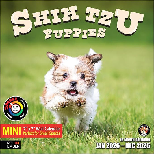 RED EMBER Shih Tzu Puppies 2026 Mini Wall Calendar 12 Month | 7" x 14" Open | Thick & Sturdy Paper | Holiday Gift | Cute Puppy Dog Calendar 2026
