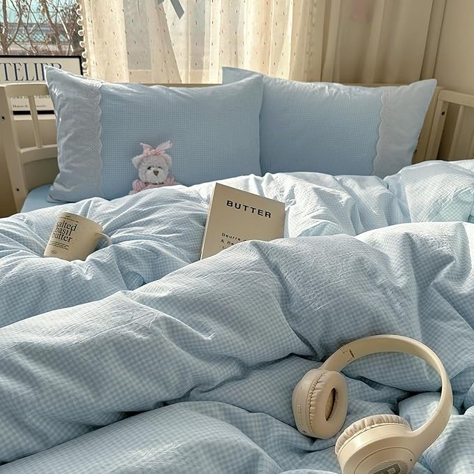 mixinni Blue Gingham Duvet Cover Twin Size - 3 Piece Cottagecore Plaid Bedding Set with Lace Trim, Soft Washed Microfiber Vintage Aesthetic Grid Comforter Cover & Pillow Shams, (Blue White Gingham)