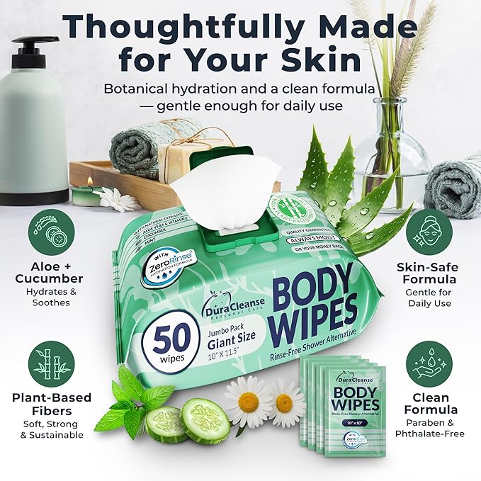 Body Wipes for Women – Sensitive Skin (Gentle Clean) – 4 Pack (200 XL Wipes + 16 Travel Wipes), Extra Moist No Rinse Bathing Wipes, Rinse-Free Shower Alternative for Travel, Gym & Daily Hygiene