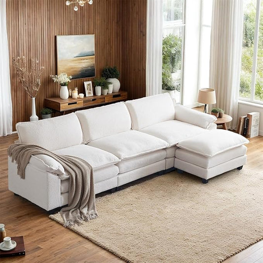 VINGLI 122" Cloud Teddy White Convertible Sectional Sofa, Comfy L-Shape Extra Deep Seat Sofa Couch for Living Room,Modern Chenille 3-Seat Convertible Sofa with Movable Ottoman for Small Space