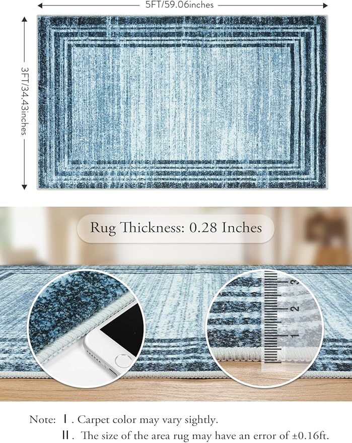 Lahome Modern Abstract 3x5 Rug,Washable Blue Throw Rugs for Entryway Indoor Non-Slip,Low-Pile Soft Area Rug Minimalist Bordered Carpet for Kitchen Bathroom Bedroom