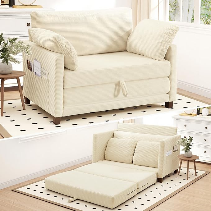 51" Convertible Loveseat Sofa Bed, 2-in-1 Folding Sofa Bed with 2 Pillow for Small Spaces, Modern Loveseat Sleeper Couch for Apartment, Living Room & Guest Room (Corduroy Beige, 51 inch)