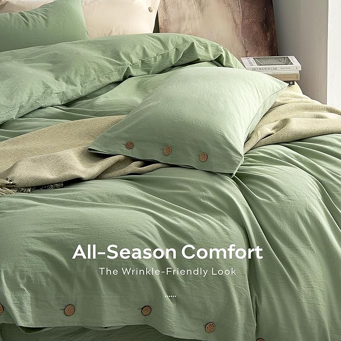 JELLYMONI 100% Washed Cotton Duvet Cover Twin – Soft, Breathable Linen-Look Bedding with Natural Wrinkle Texture, Button Closure, 3-Piece Set (Mint Green, 68"x90")