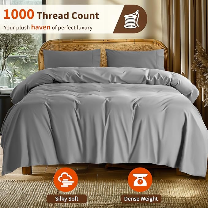 LBRO2M 1000 Thread Count 100% Egyptian Cotton Sheets Set,Full Size Bed Sheet 4 Piece Sets,Long Staple,16 Inches Deep Pocket,All Season,Bedding Super Soft Breathable,Sateen Weave (Grey) LBRO2MBedding