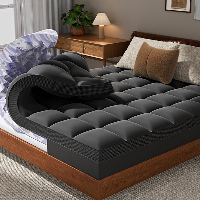 Dual Layer 5 Inch Memory Foam Mattress Topper Queen - 3 Inch Pillow Top Mattress Pad and 2 Inch Gel Memory Foam, 7-Zone Egg Crate Queen Size Mattress Topper (Black)