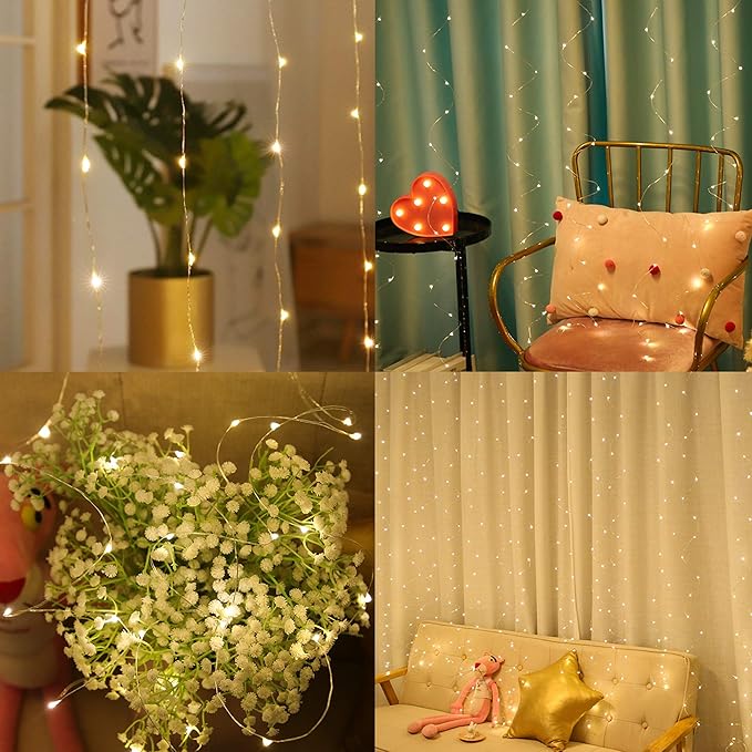 HOME LIGHTING Window Curtain String Lights, 300 LED 8 Lighting Modes Fairy Copper Light with Remote, USB Powered for Christmas Party Wedding Home Decorations (Warm White)