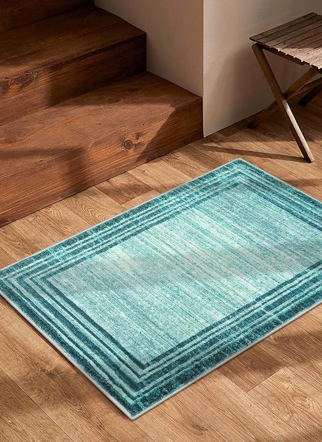 Lahome Modern Abstract Area Rug, Washable Teal 2x3 Entryway Rugs Non Slip Kitchen Carpet Indoor Front Door Throw Rugs, Minimalist Bordered Bathroom Rug Low-Pile Entry Mats for Bedroom