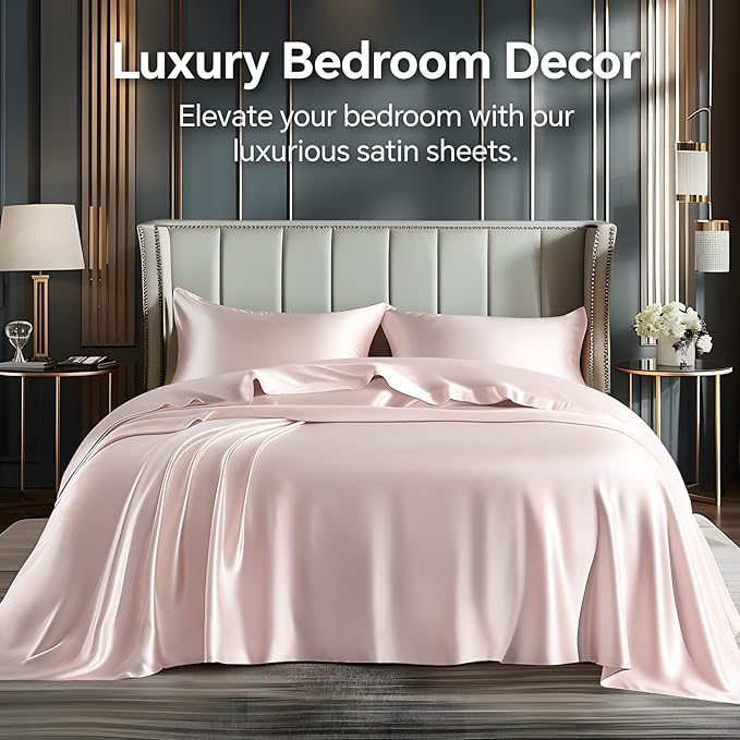 BEDELITE California King Sheets Set, Luxury Soft Pink Satin Sheets for Hair and Skin, Similar to Silk Bed Sheets Set 4 Pieces with 1 Deep Pocket Fitted Sheet, 1 Flat Sheet, and 2 Pillowcases