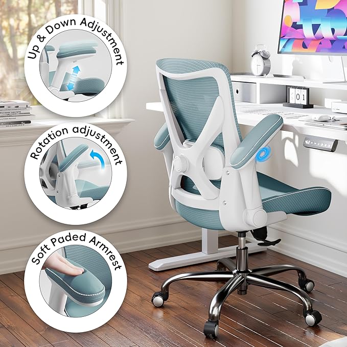Office Home Ergonomic Desk Chair-Computer X-Shaped Chair Mesh PU Leather with Adjustable Lumbar Support-Executive Chair High Back Flip-Up Arms for Long Hours (Sky Blue-No Headrest)