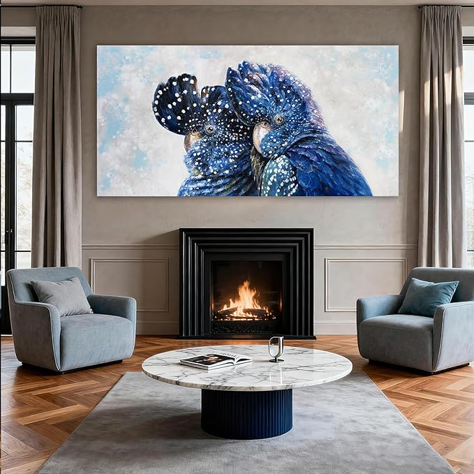 YETHEN WAL Blue Parrot Wall Art, Oversized Blue Bird Canvas Print, Cobalt Textured Animal Artwork for Living Room Bedroom Hallway, 29×58 Inch