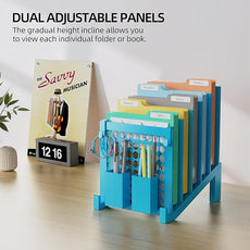 File Organizer for Desk with Storage Box & Hook, Inclined Desk File Organizer with 5-Section Vertical File Holder suitable for Home Office Document Organization (Light Blue)