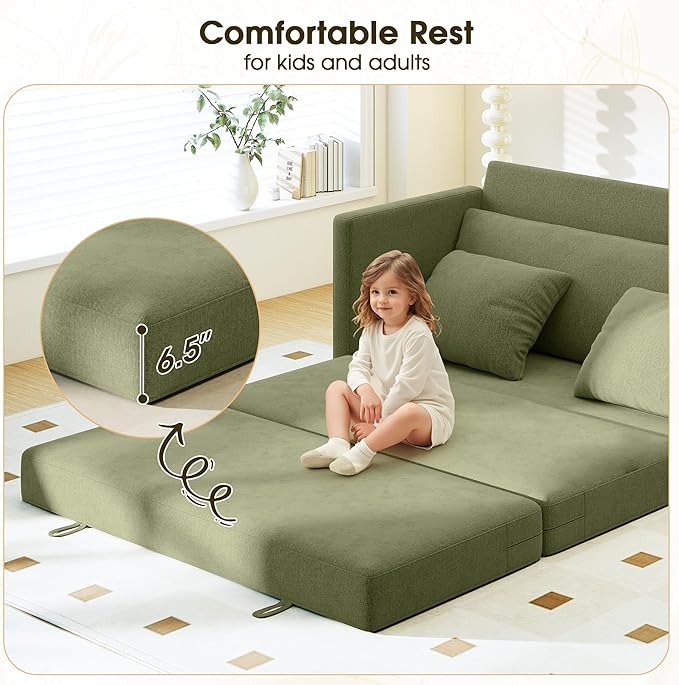65" Convertible Loveseat Sofa Bed, 2 in1 Folding Sofa Bed, Loveseat Sleeper Sofa for Small Spaces, Fold Out Floor Couch with 2 Pillows for Apartment, Office & Guest Room (Green Chenille, 65 inch)