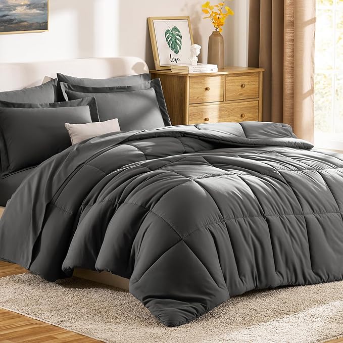 CozyLux Full Size Comforter Sets Dark Grey - 7 Pieces Bed in a Bag Full, Oeko-Tex Certified Bed Set, All Season Soft Bedding Set with Down Alternative Comforter, Sheets, Pillowcases & Pillow Shams