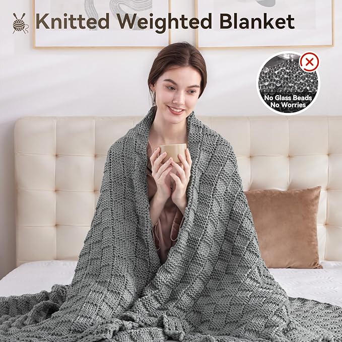 Knitted Weighted Blanket for Adult, No Beads Heavy Blanket 50” x 60'' 10lbs, Breathable Chunky Knit Blanket, Cooling Weighted Blanket for Hot Sleepers, Christmas Home Decor (Light Grey)