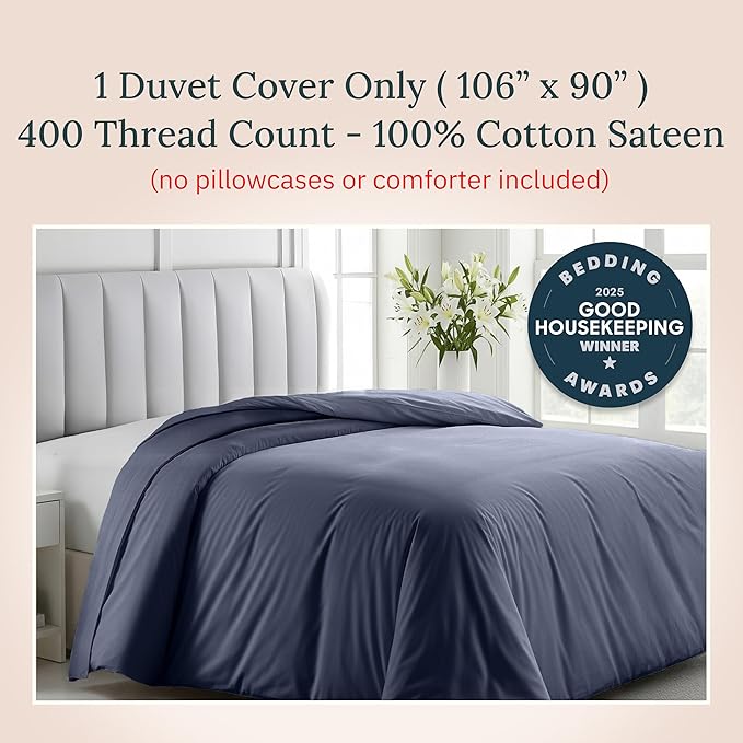 California Design Den Duvet Cover King Size Only - Winner Good Housekeeping Best Bedding Awards 2025, Premium 400 Thread Count, 100% Cotton Sateen, Button Closure & Corner Ties - Indigo Dusty Blue