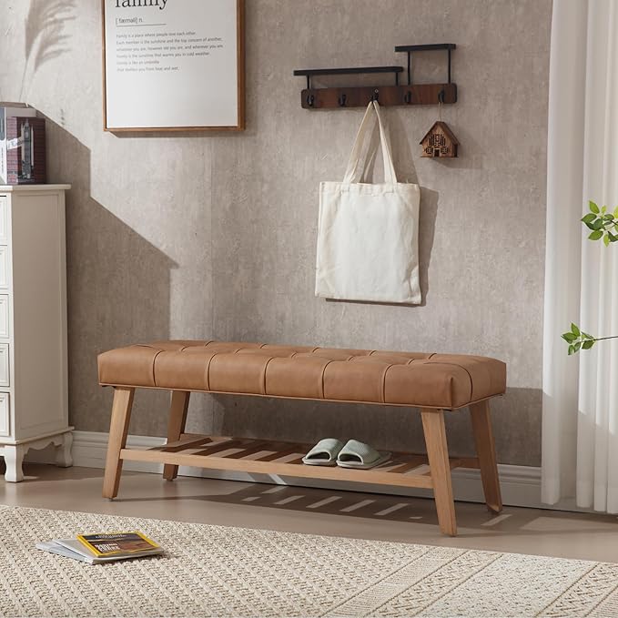 Kmax Entryway Bench with Shoe Storage, Leather Upholstered Wood Storage Bench for Living Room Window Bench for Bedroom End of Bed - PU, Brown