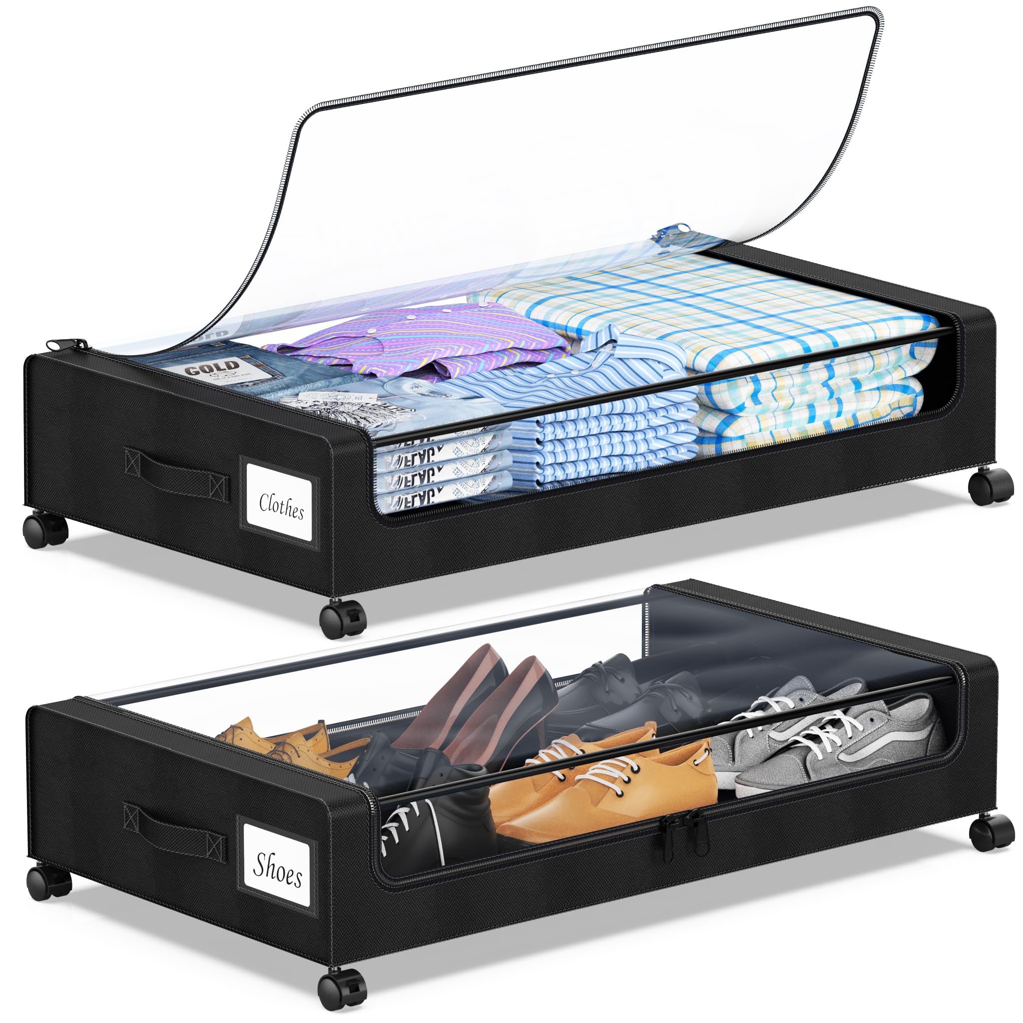 YAASHEEN Under Bed Storage with Wheels, 2-Pack Under the Bed Storage Containers with Clear Lids & Label, Underbed Storage Bins, XXL 60L Rolling Metal Drawer for Clothes, Shoes, Toys, Books - Black Dormly