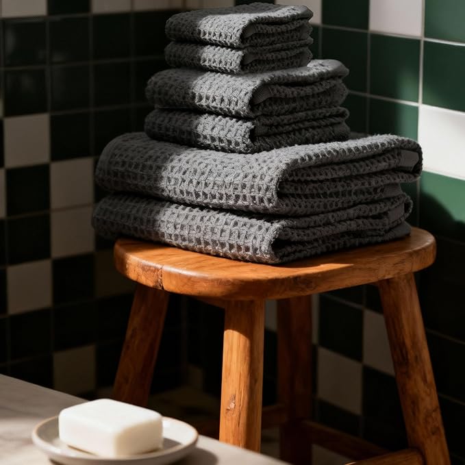 Italic Sedona Luxe Waffle Towel Set, 410 GSM 6-Piece 100% Cotton Set with 2 Bath Sheets, 2 Hand Towels & 2 Washcloths, Spa-Quality (Charcoal)