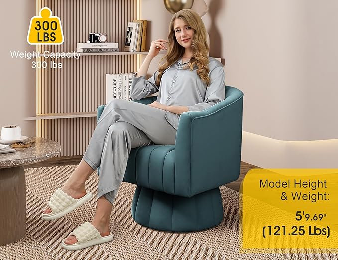 Accent Chair Mid Century 360 Degree Swivel Chair,Modern Lounge Sofa Round Barrel Chair with Wide Upholstered,Fluffy Velvet Fabric Chairs for Home Sofa Living Room/Bedroom/Waiting Room (Blue)