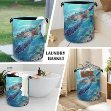 SeaTurtle Ocean Laundry Hamper,Coral Dirty Clothes Laundry Basket with Handles Waterproof Oxford Cloth Storage Basket for College Dorms Bathroom Bedroom 16