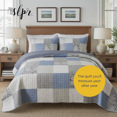 SLPR Sweet Dreams Cotton Quilt Set - King Size with 2 Shams, Pieced Patchwork Bedding in Blue and Gray, Country Style Farmhouse Quilted Bedspread
