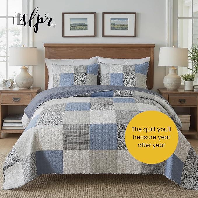 SLPR Sweet Dreams Cotton Quilt Set - King Size with 2 Shams, Pieced Patchwork Bedding in Blue and Gray, Country Style Farmhouse Quilted Bedspread