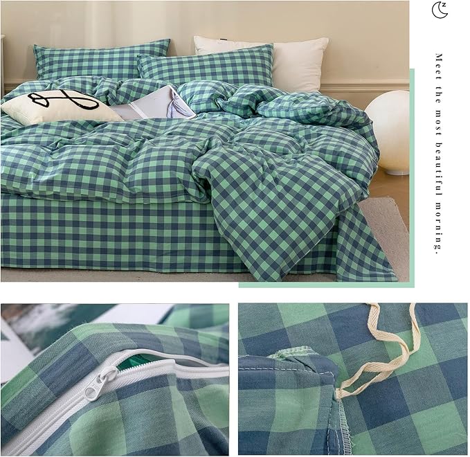 VM VOUGEMARKET 3 Pieces Plaid Duvet Cover Set King Washed Cotton Green Blue Checkered Printed Comforter Cover with Zipper Soft Lightweight & Breathable Quilt Cover Set King