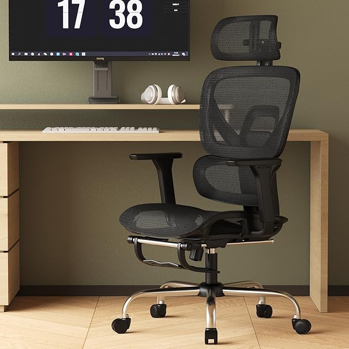 Synorla Ergonomic Office Chair with Footrest, Mesh Desk Chair with 135° Recline, Adjustable Lumbar Support, 3D Armrests and Headrest, Swivel Computer Chair for Home Office