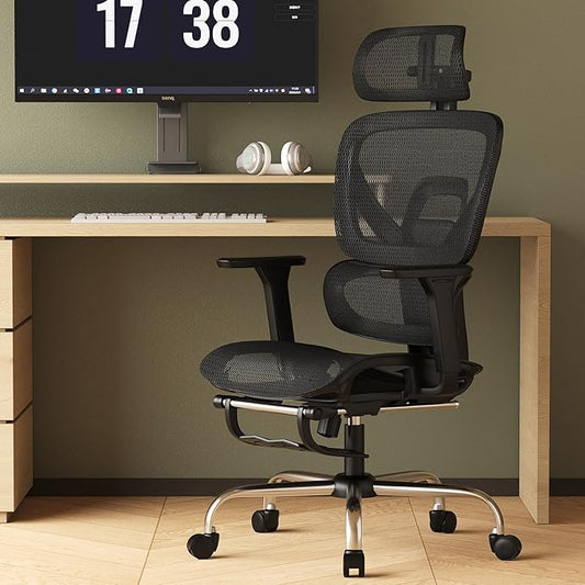 Synorla Ergonomic Office Chair with Footrest, Mesh Desk Chair with 135° Recline, Adjustable Lumbar Support, 3D Armrests and Headrest, Swivel Computer Chair for Home Office