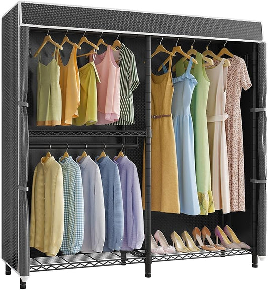 VIPEK V4C Garment Rack with Cover, Heavy Duty Portable Closet Adjustable Metal Clothing Rack for Hanging Clothes with Hanging Rods & Side Hooks, Max Load 810lbs, Black Rack with Black Cover