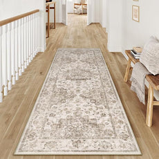 2x6 Washable Neutral Runner Rug Brown Vintage Hallway Kitchen Carpet Non-Slip Soft Low Pile Floral Throw Rug for Bedroom Bathroom Laundry Living Room